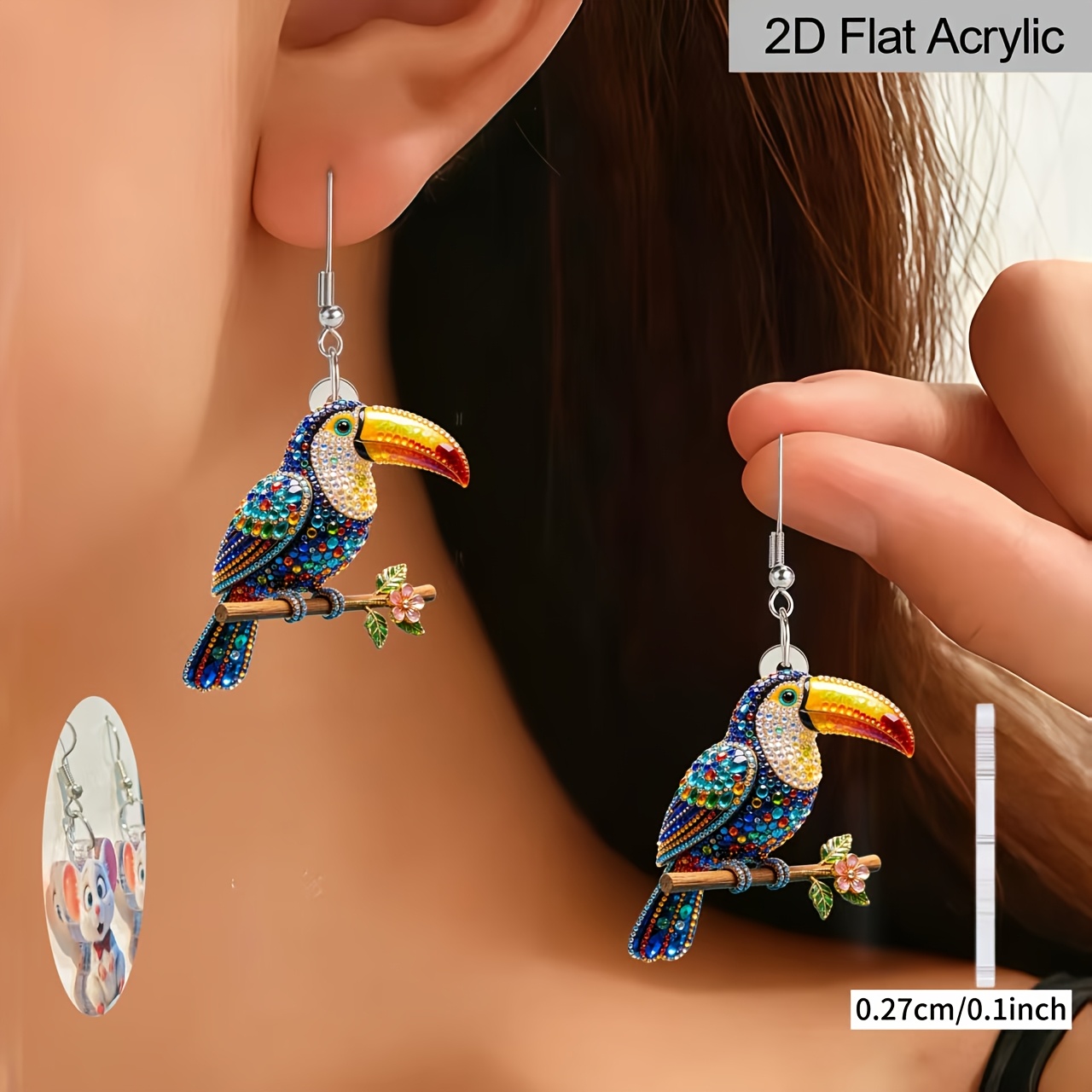 2D Acrylic Toucan Pattern Chain Pendant Earrings, Cute Gift
